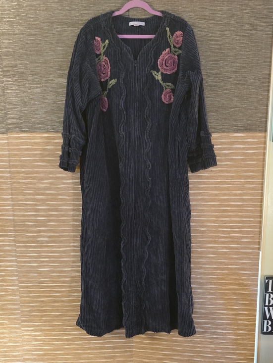 Only Necessities Other - Only Necessities Navy Chenille Robe with Pink Rose Embroidery